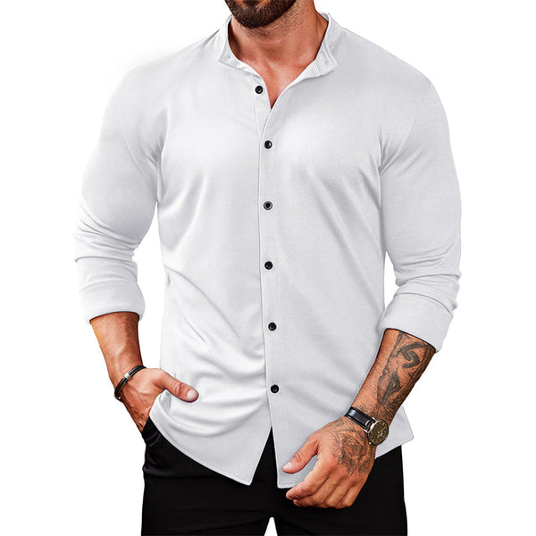 Men's Casual Non-Wrinkle Stretch Cotton Long Sleeve Shirt With Stand Collar