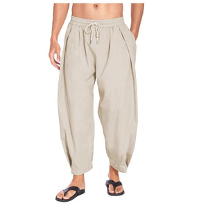 Men's Cotton Linen Pants Drawstring Casual Capris Lightweight Loose Beach Pant