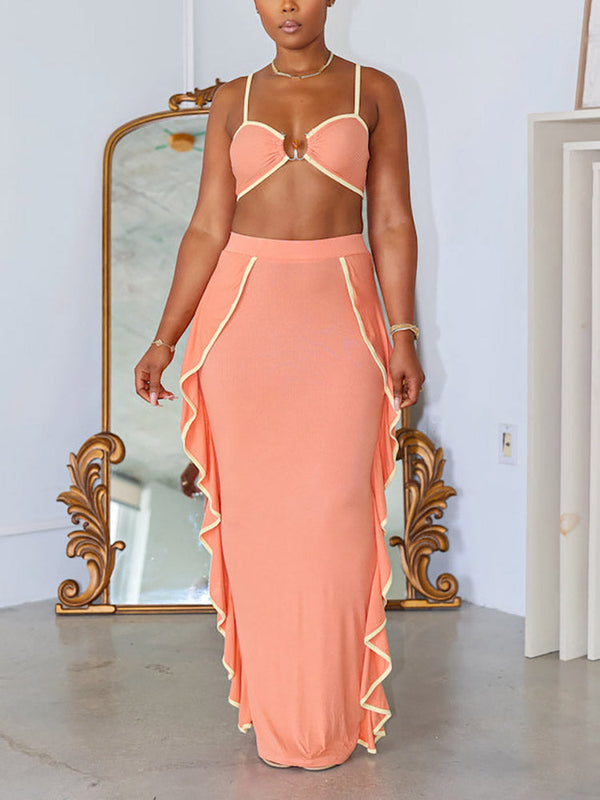 Ribbed Bralette & Ruffle Trim Skirt Set