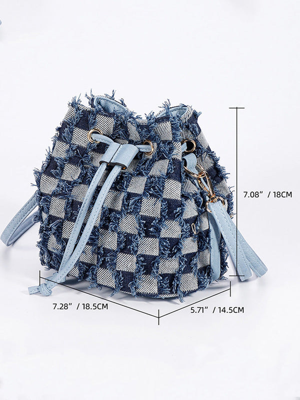 Denim Checkerboard Drawstring Bucket Bag