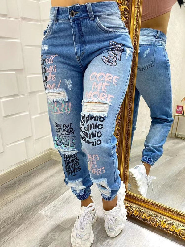 Letter Print Ripped Jeans