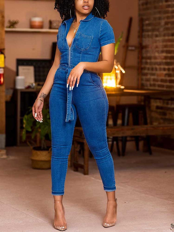 Denim Zipper Belted Jumpsuit