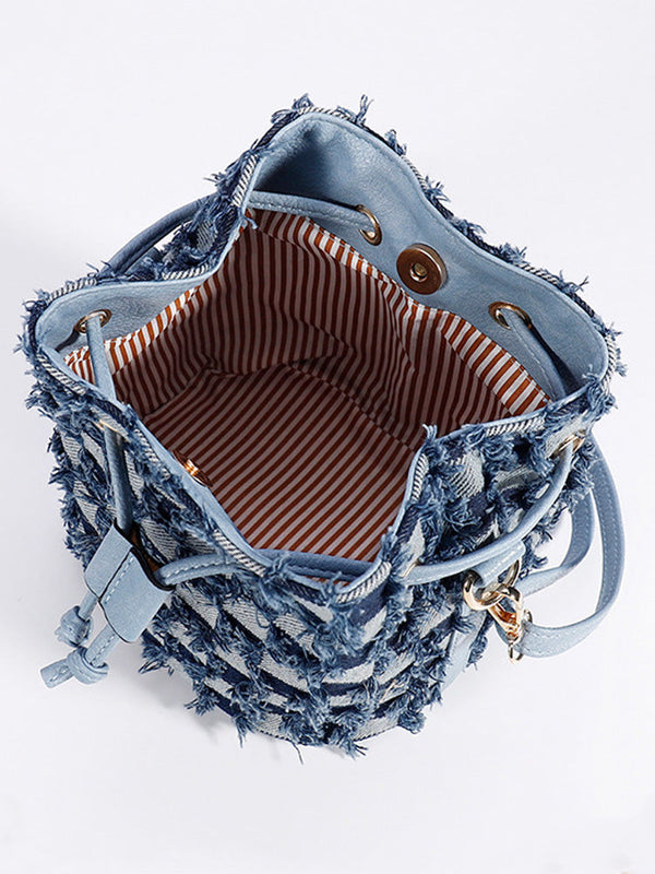 Denim Checkerboard Drawstring Bucket Bag