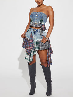 Asymmetric Denim Patchwork Plaid Skirt