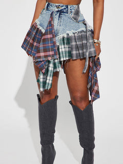 Asymmetric Denim Patchwork Plaid Skirt