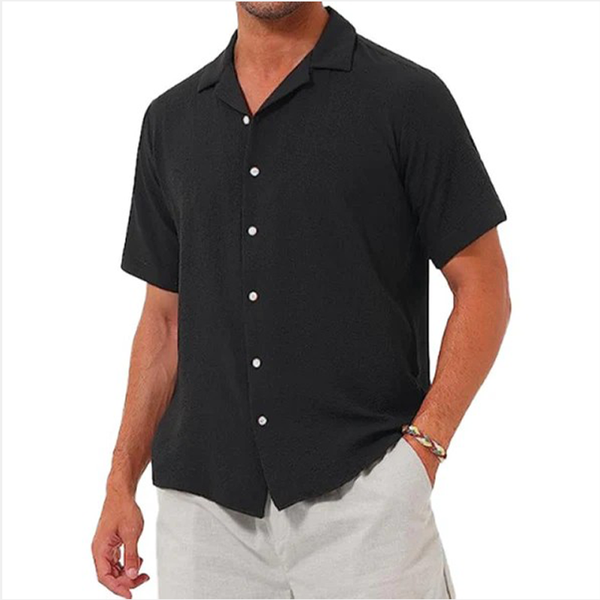 Men's lapel casual solid color short sleeve button linen shirt