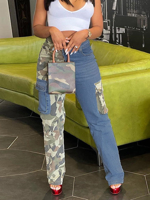 Camouflage Denim Patchwork Pants