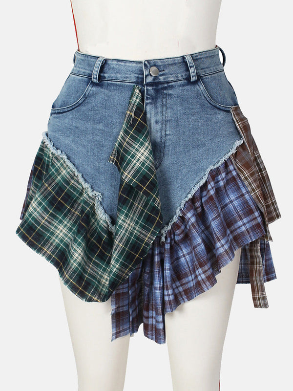 Denim Patchwork Plaid Asymmetric Skirt