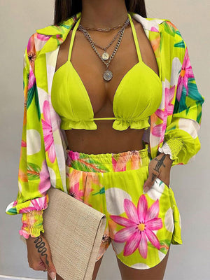 3PCS Printed Shirt & Shorts Set With Bra