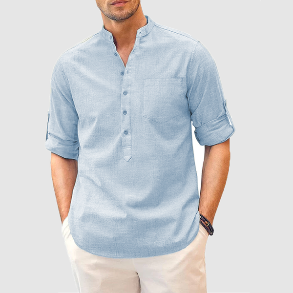 Cotton men's solid color standing collar buttoned pocket simple shirt