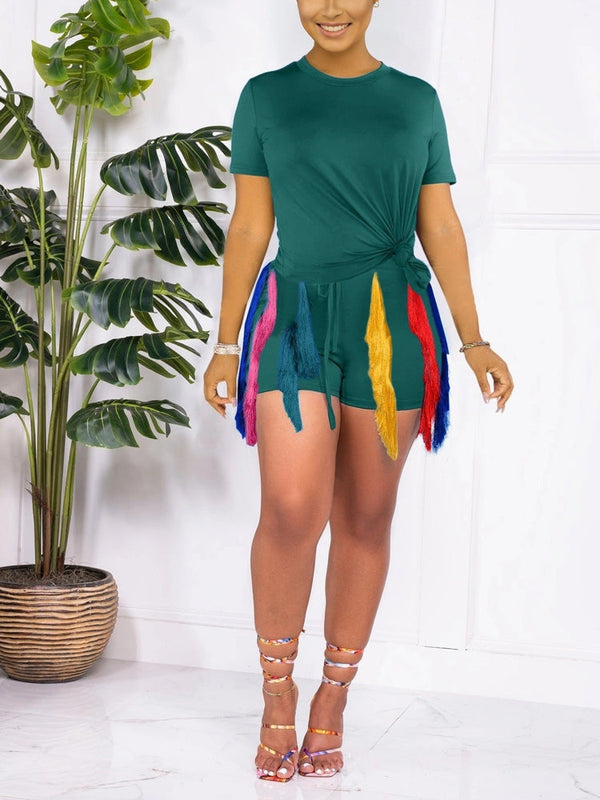 Solid Top Colorful Tassels Shorts Set