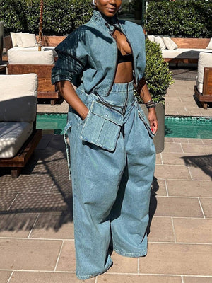 Denim Jacket & Wide Pants Set