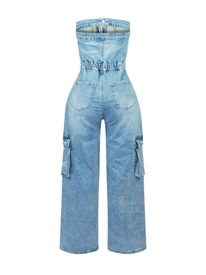 Cross Strapless Denim Jumpsuit