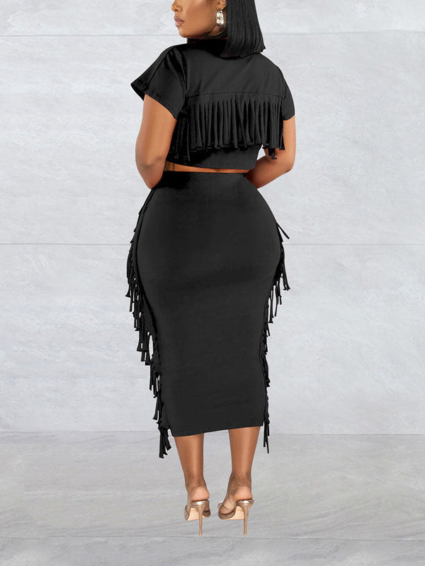 Fringe Crop Top Skirt Set