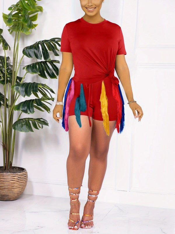 Solid Top Colorful Tassels Shorts Set