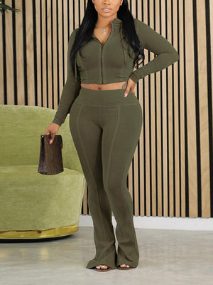 Solid Zip Top & Slit Pants Set