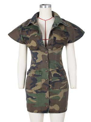 Camouflage Lapels Button Sleeveless Dress with Pockets