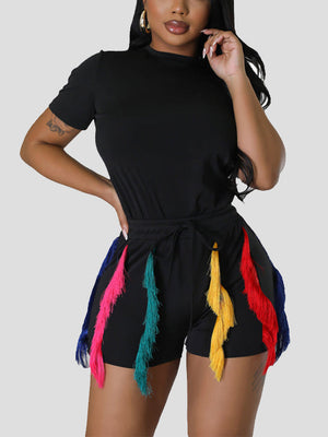 Solid Top Colorful Tassels Shorts Set