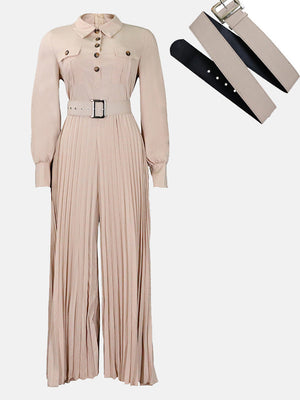 Button Pleated Wide Jumpsuit