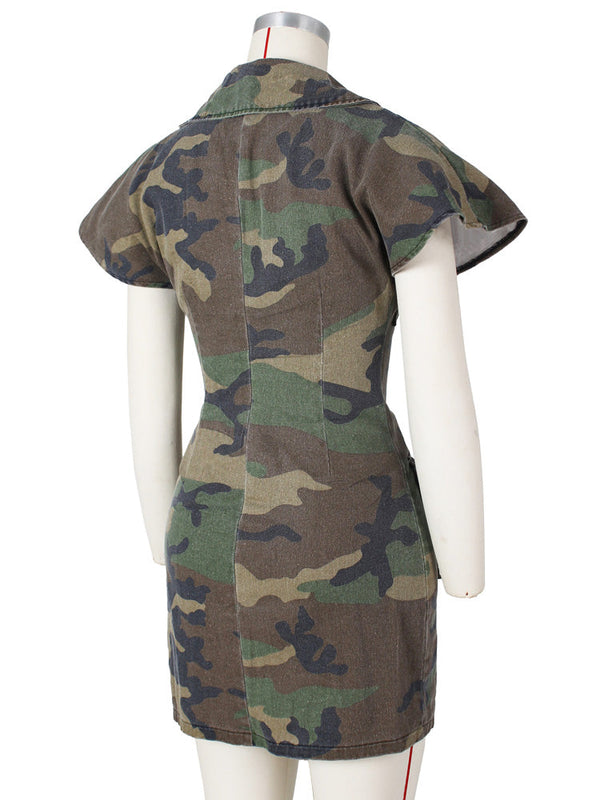 Camouflage Lapels Button Sleeveless Dress with Pockets