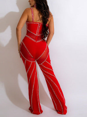 Rhinestone Mesh Contrast Jumpsuit