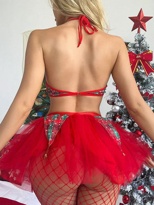 Christmas Plaid Bow Tulle Lingerie Set