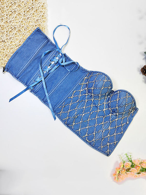 Rhinestone Denim Bustier Top