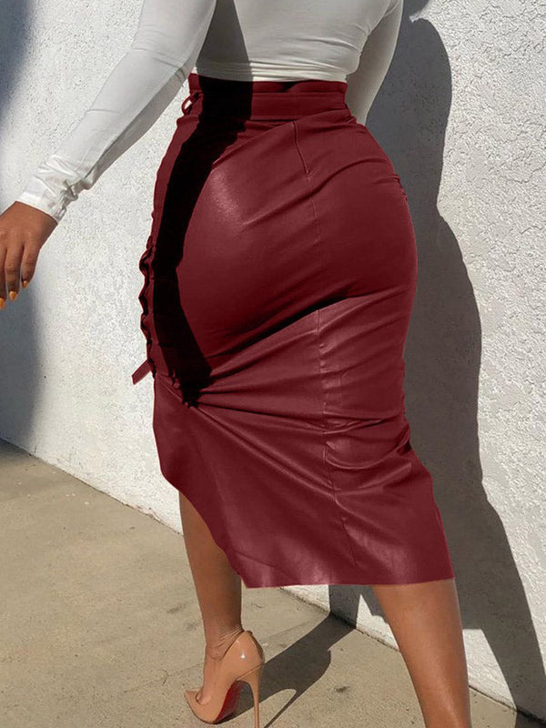 PU Belted Irregular Hem Skirt