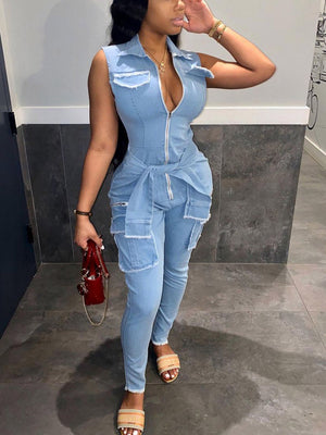 Sleeveless Cargo Denim Jumpsuit