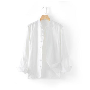 Men's Linen Bands Collar Casual Button Shirt