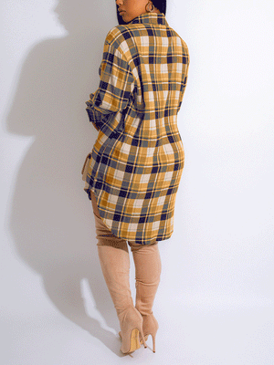 Long Sleeve Plaid Buckle Shirt Dress