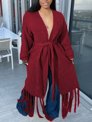 Knit Tassels With Belt Cardigan