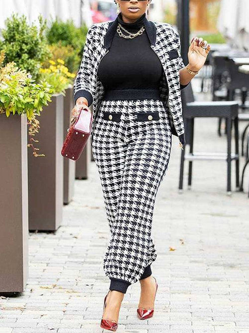 Houndstooth Zipper Patchwork Pants Set