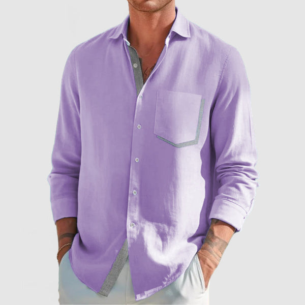 Men's Classic Color Block Patchwork Cotton Linen Shirt