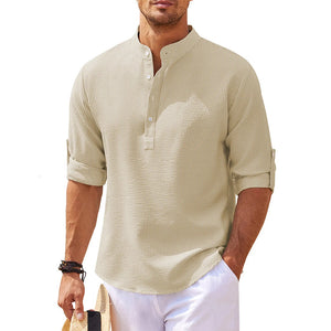 Men's Linen Henley Shirt Long Sleeve Casual Hippie Cotton Beach T Shirts Vertical Striped Hawaiian Shirts