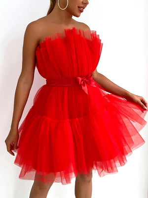 Bow Decor Layered Tulle Cocktail Dress