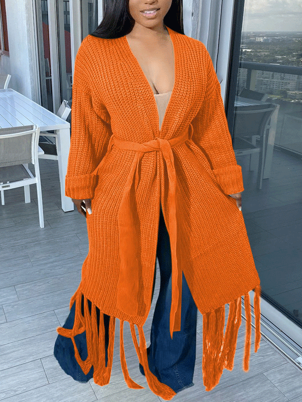 Knit Tassels With Belt Cardigan