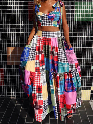 Plaid Color Block Dress Set