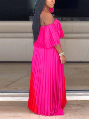 Off Shoulder Ombre Pleated Maxi Dress