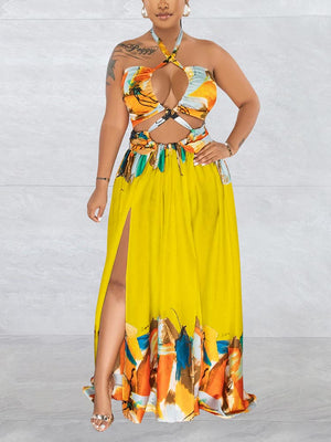 Print Halter Cutout Maxi Dress