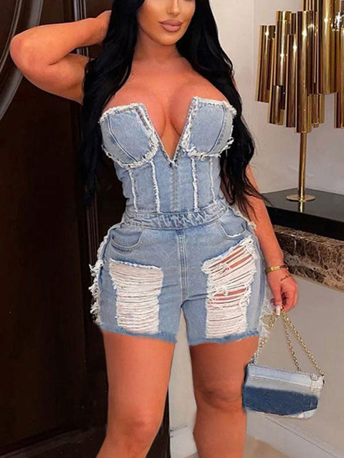 Ripped Strapless Denim Romper