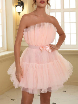 Bow Decor Layered Tulle Cocktail Dress