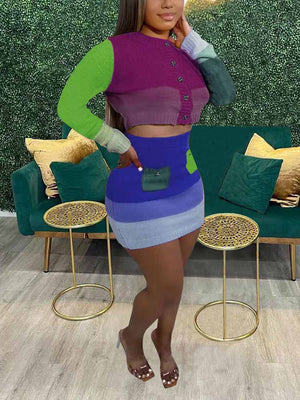 Knit Color Block Crop Top And Skirt Set