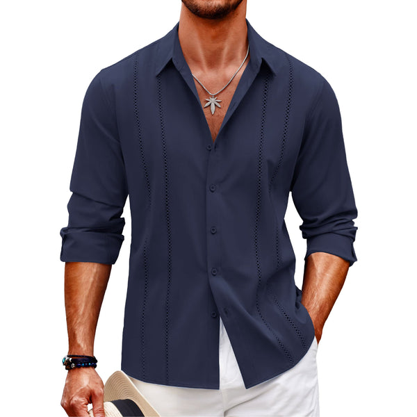 Men's Comfortable Breathable Cuban Casual Button Up Long Sleeve Beach Linen Shirt