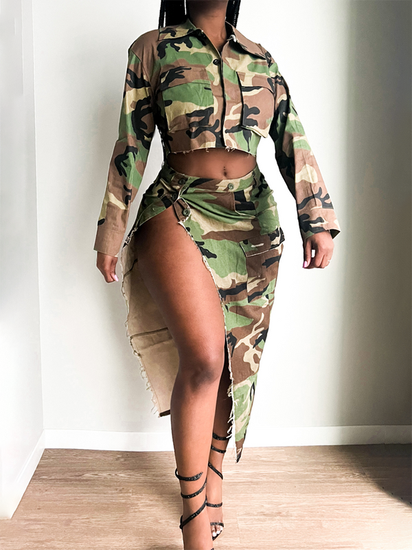 Camo Crop Jacket & Slit Skirt Set