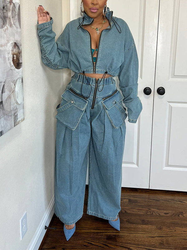 Denim Jacket & Wide Pants Set