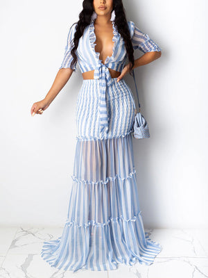 Striped Crop Top Ruffle Skirt Set