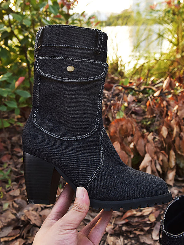 Denim Chunky Heel Boots