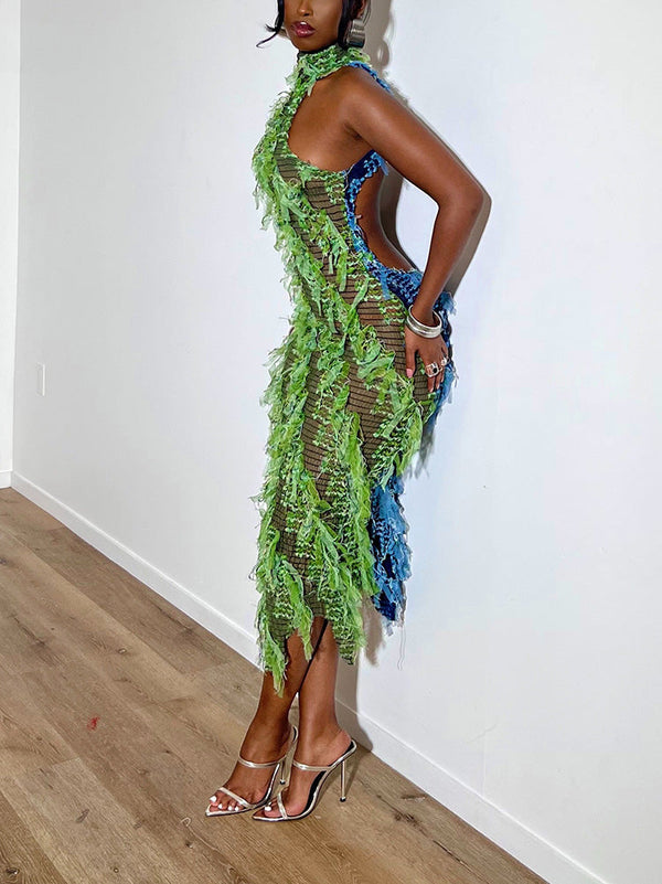 Double-Toned Fringe Mesh Dress