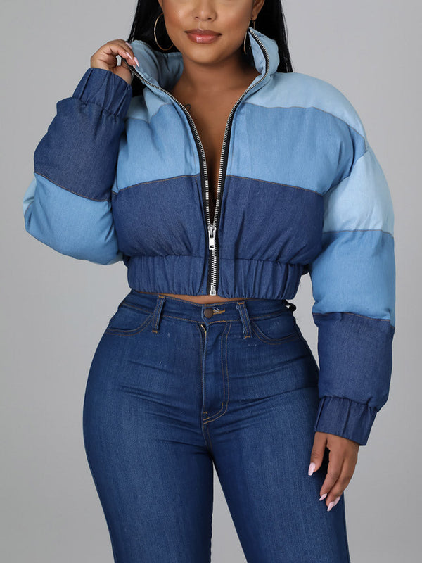 Color Block Denim Puffer Jacket